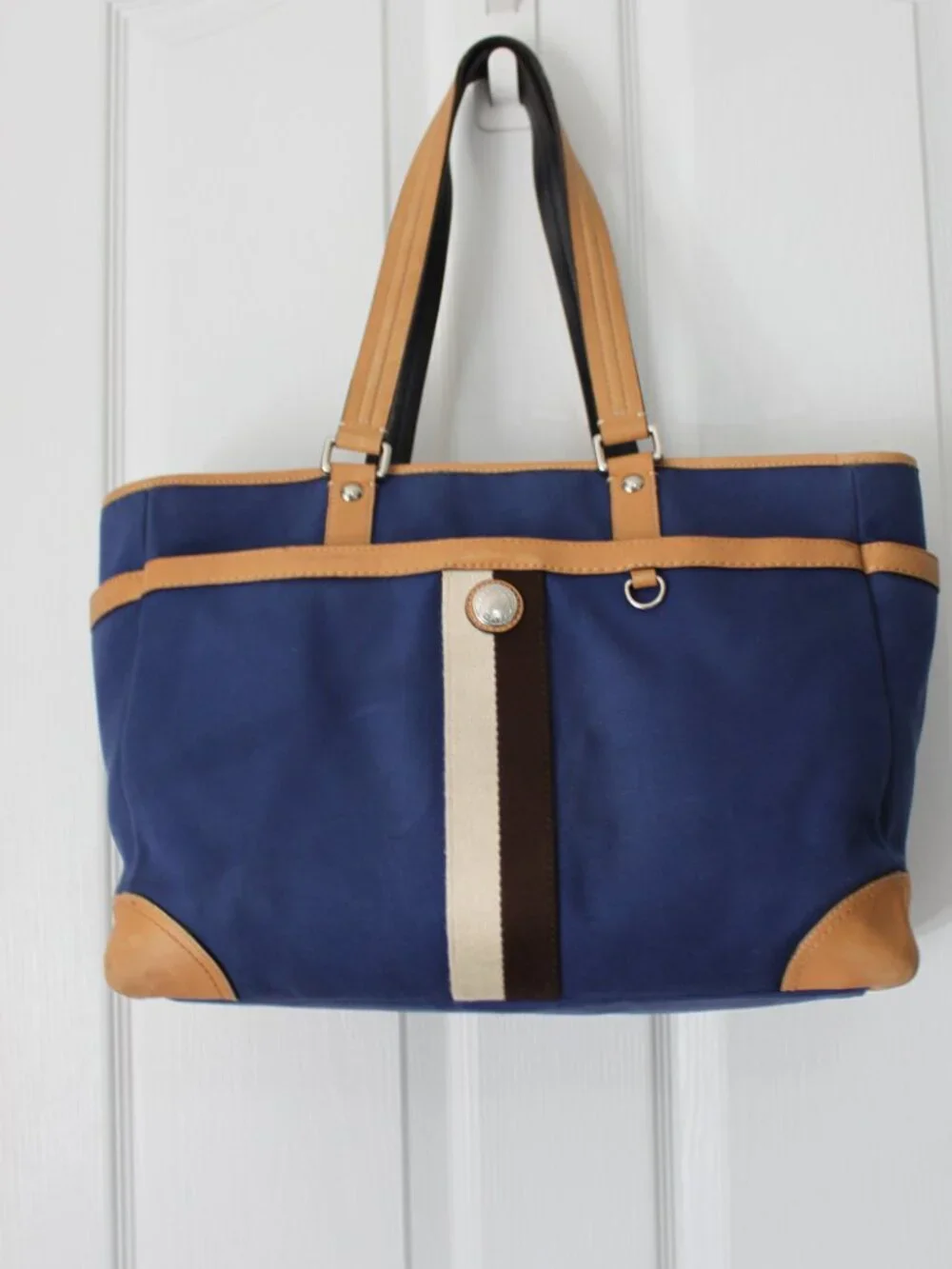 Coach Navy Blue Canvas Diaper Bag - Tan Leather Trim - Changing Pad Included 🍼⚓